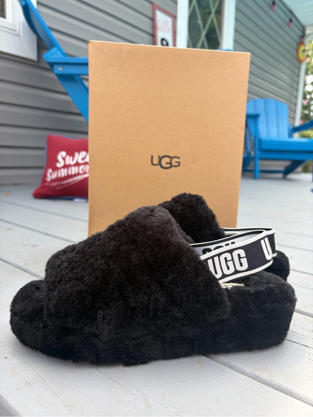 UGG Black Fluff Slide with Branded Heel Strap